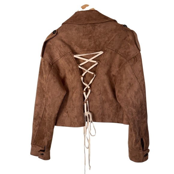 POL Brown Faux Suede Cropped Jacket Corset Lace Back Boho Western Large - Picture 7 of 9